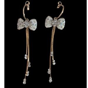 Dangling Sparkling Gold Tone and White Bow Earrings NWOT